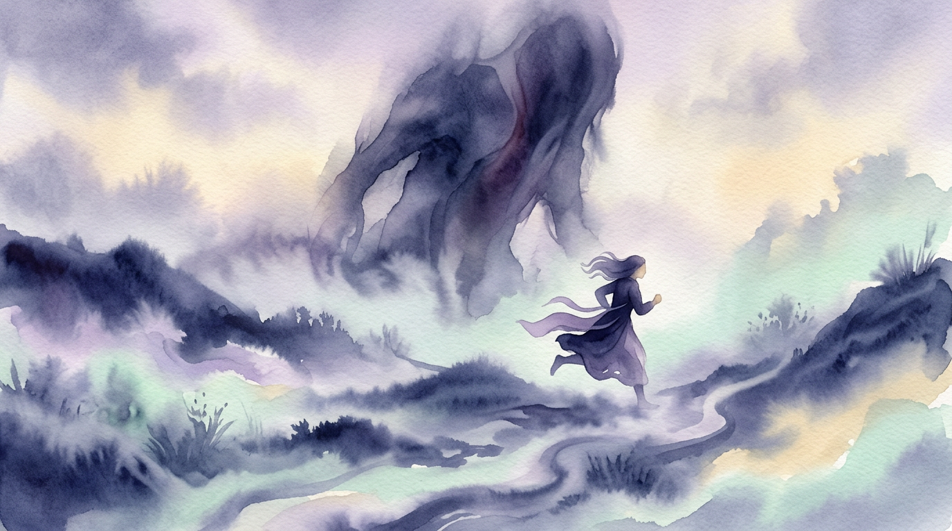 A stylized illustration of a figure running through a foggy, surreal landscape with an undefined shape looming behind them, in muted indigo tones.