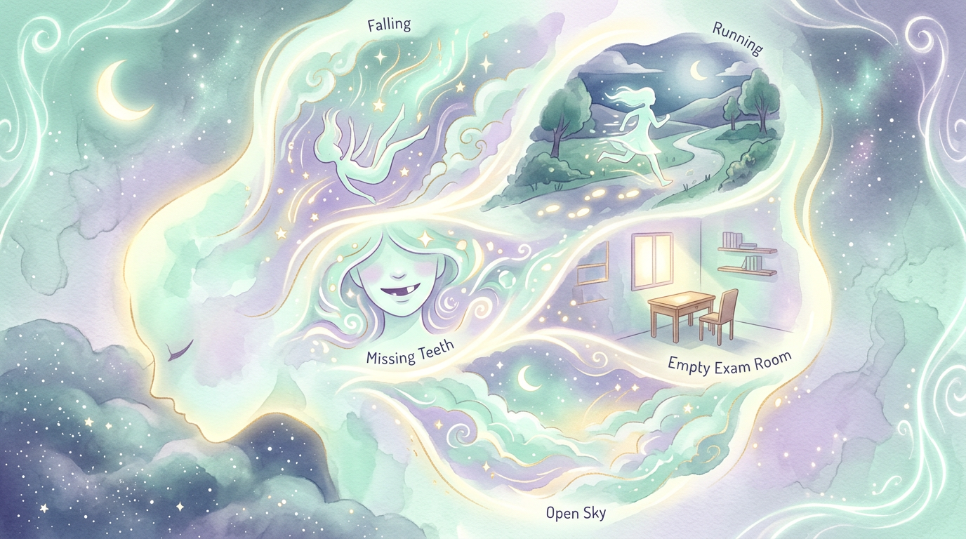 A soft surreal illustration of five dream scenarios — falling, running, missing teeth, an empty exam room, and open sky — floating inside a sleeping figure's silhouette.