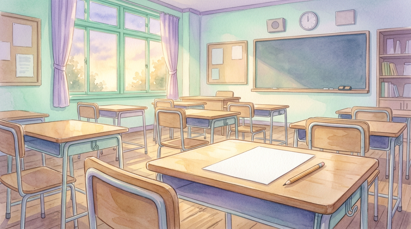 A dreamy illustration of an empty classroom with a single blank exam paper on a desk, lit by an eerie golden glow, no people present.