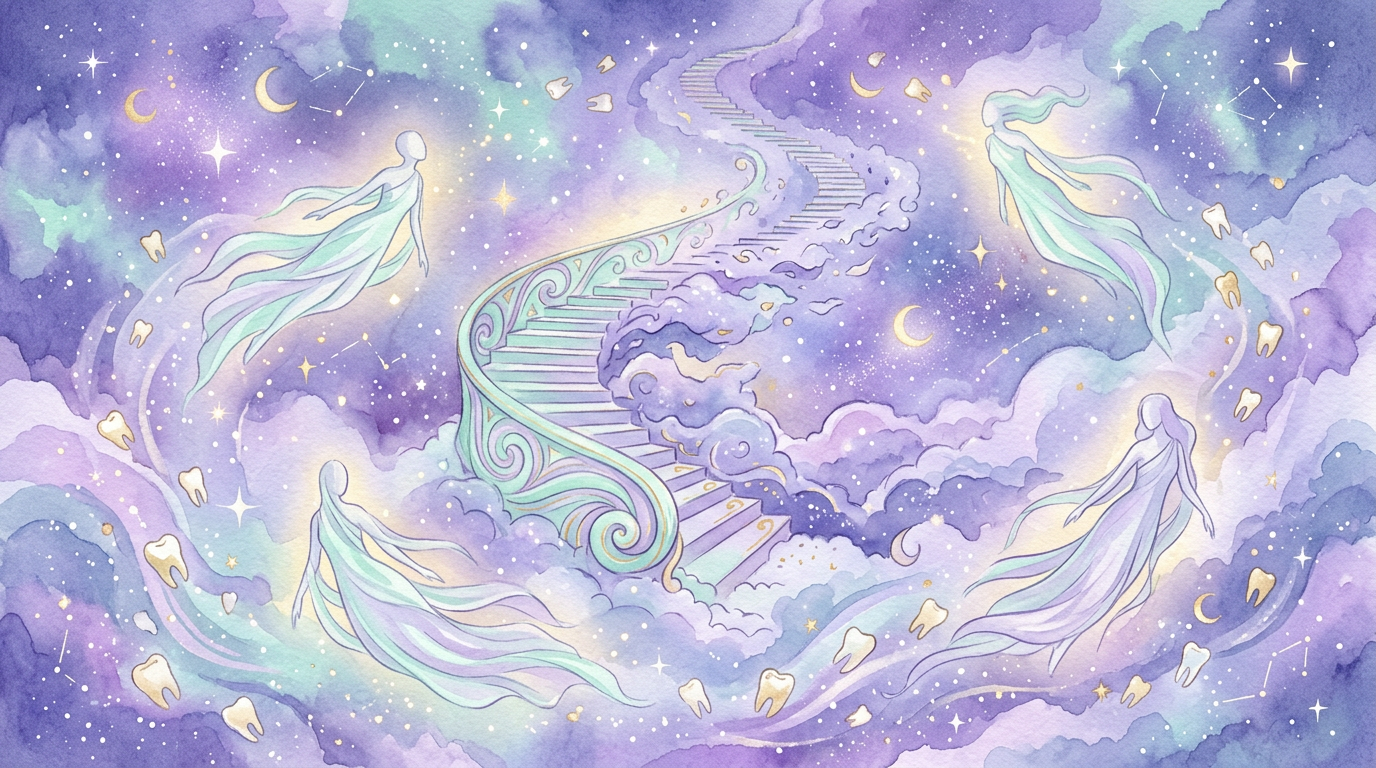 A surreal, dreamy illustration showing floating figures, a staircase dissolving into clouds, and scattered teeth, rendered in soft cosmic purples and blues