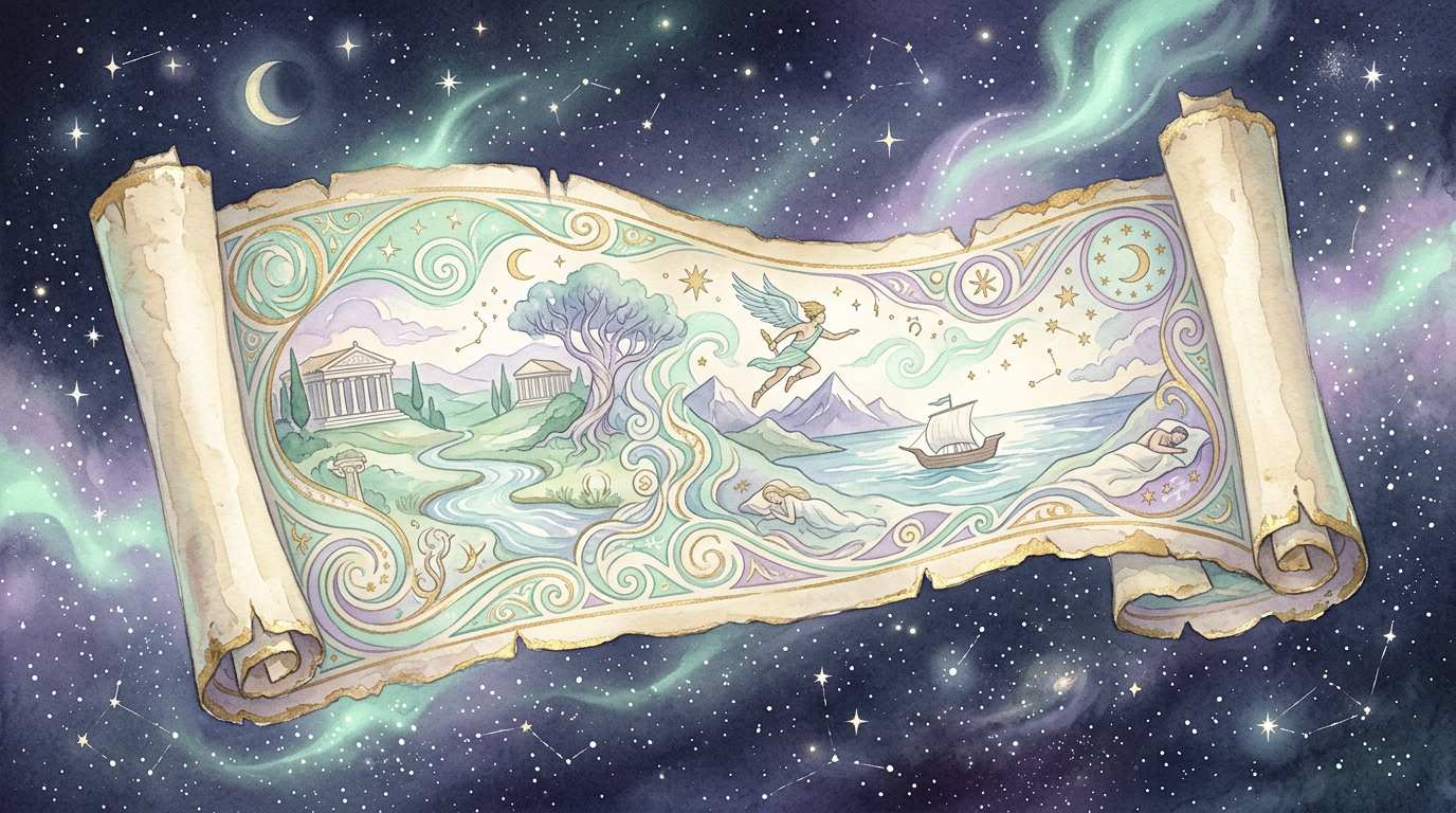 An illustrated ancient scroll unfurling against a starry sky, evoking the dream manuals of the classical world.