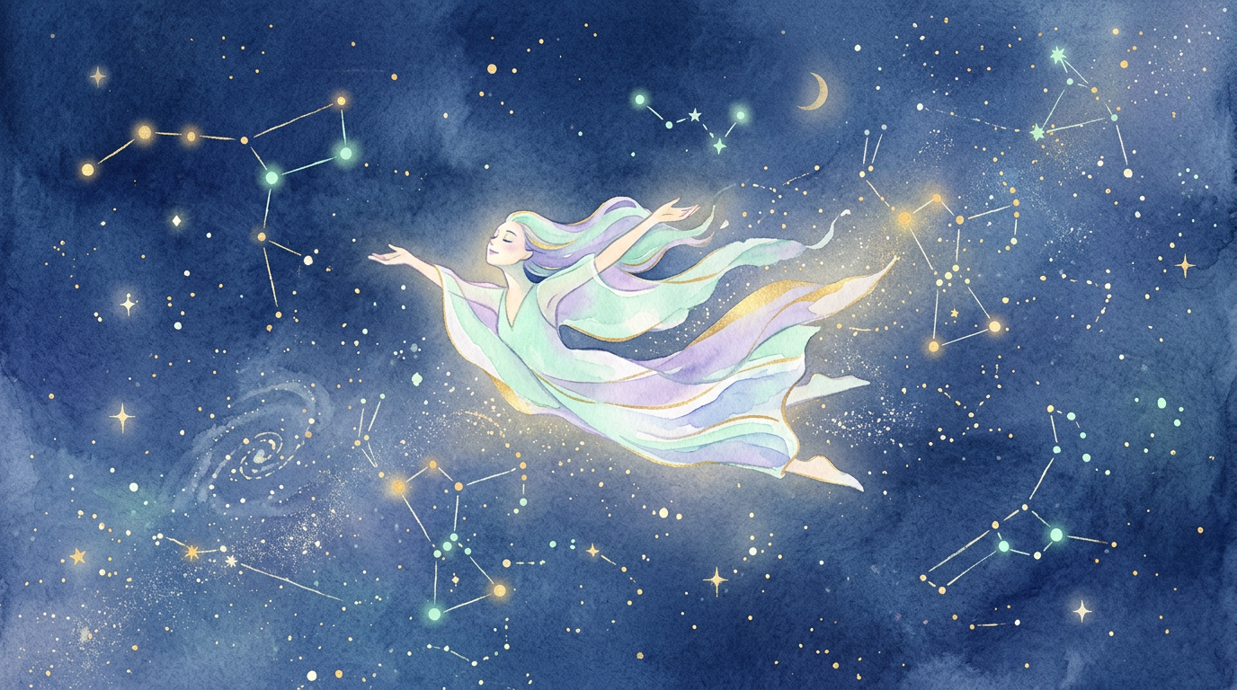 A lone illustrated figure soaring through a deep blue sky scattered with constellations, arms wide open.