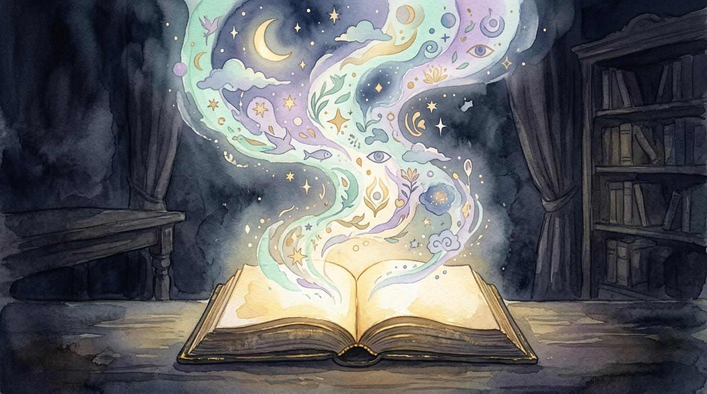 A stylized illustration of an open book glowing softly in a dark room, representing Freud's 1900 work on dream interpretation.