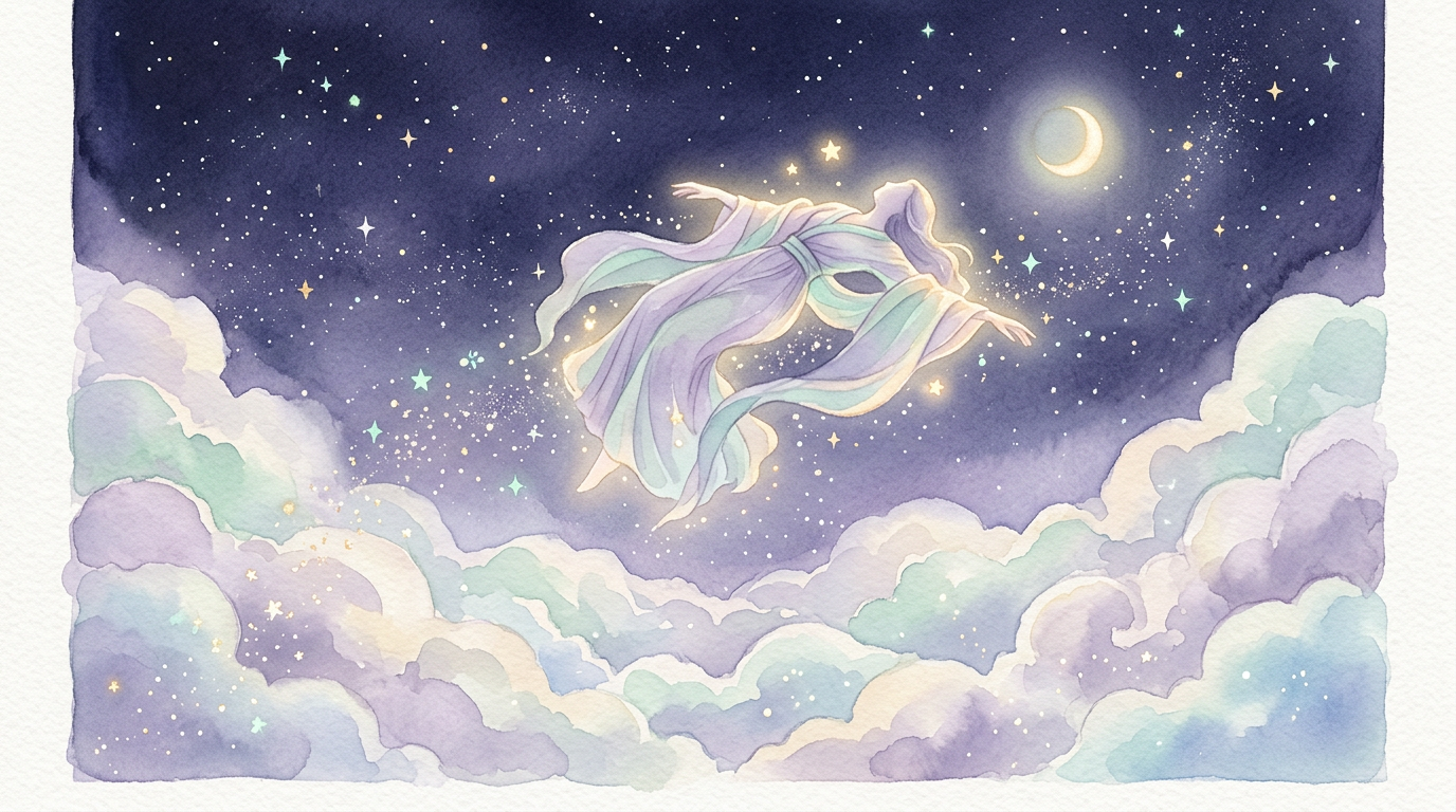 A dreamy illustration of a figure floating weightlessly above soft clouds at night, surrounded by stars, viewed from below