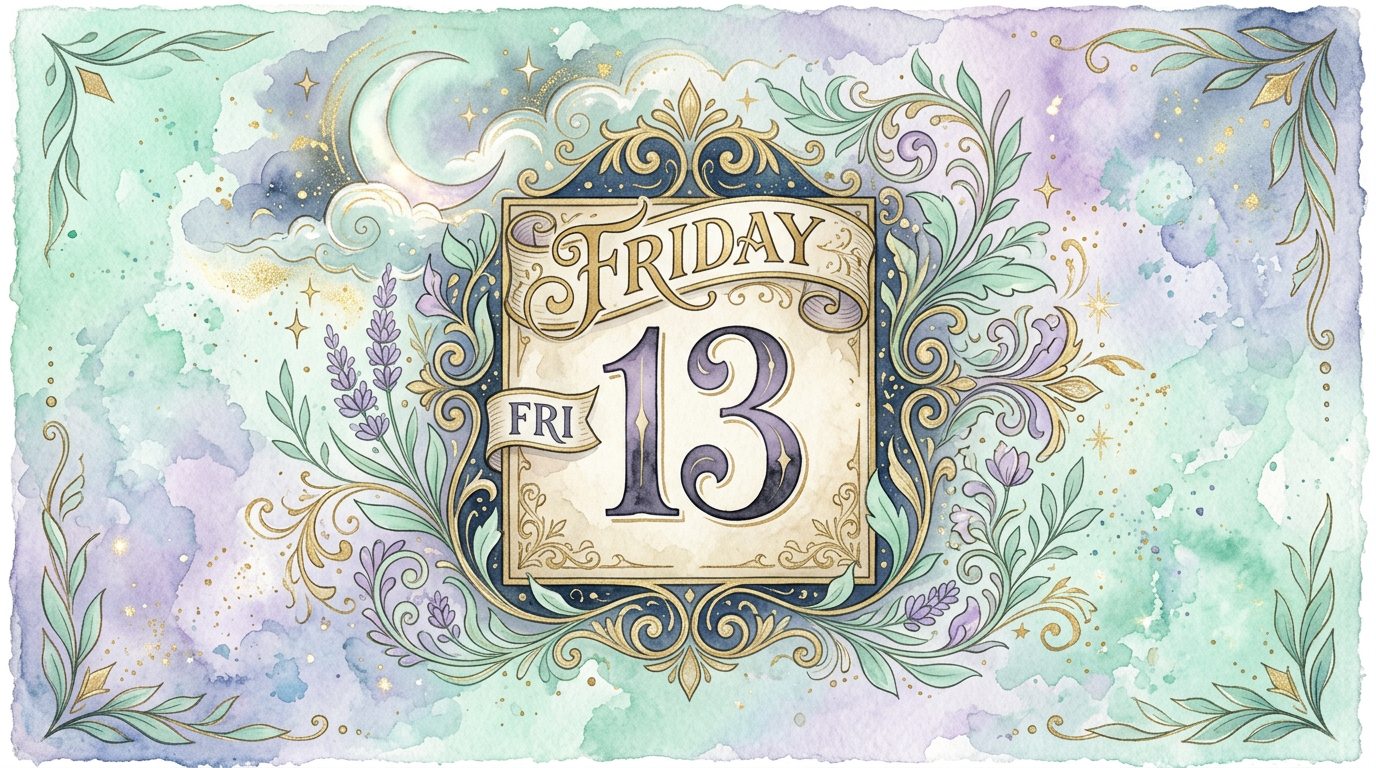 A moody, stylized illustration of a calendar page showing the number 13 on a Friday, surrounded by vintage ornamental flourishes and a crescent moon, no text visible