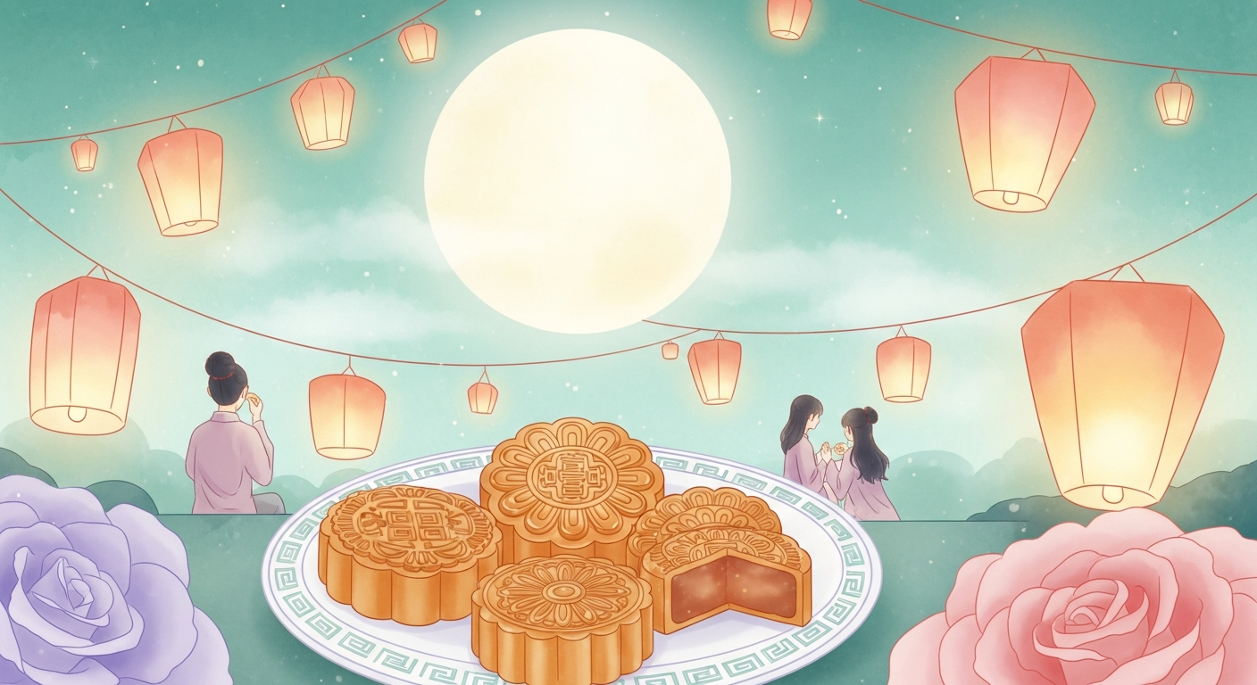 China's Mid-Autumn Festival shares round mooncakes under a full moon — a symbol of reunion.