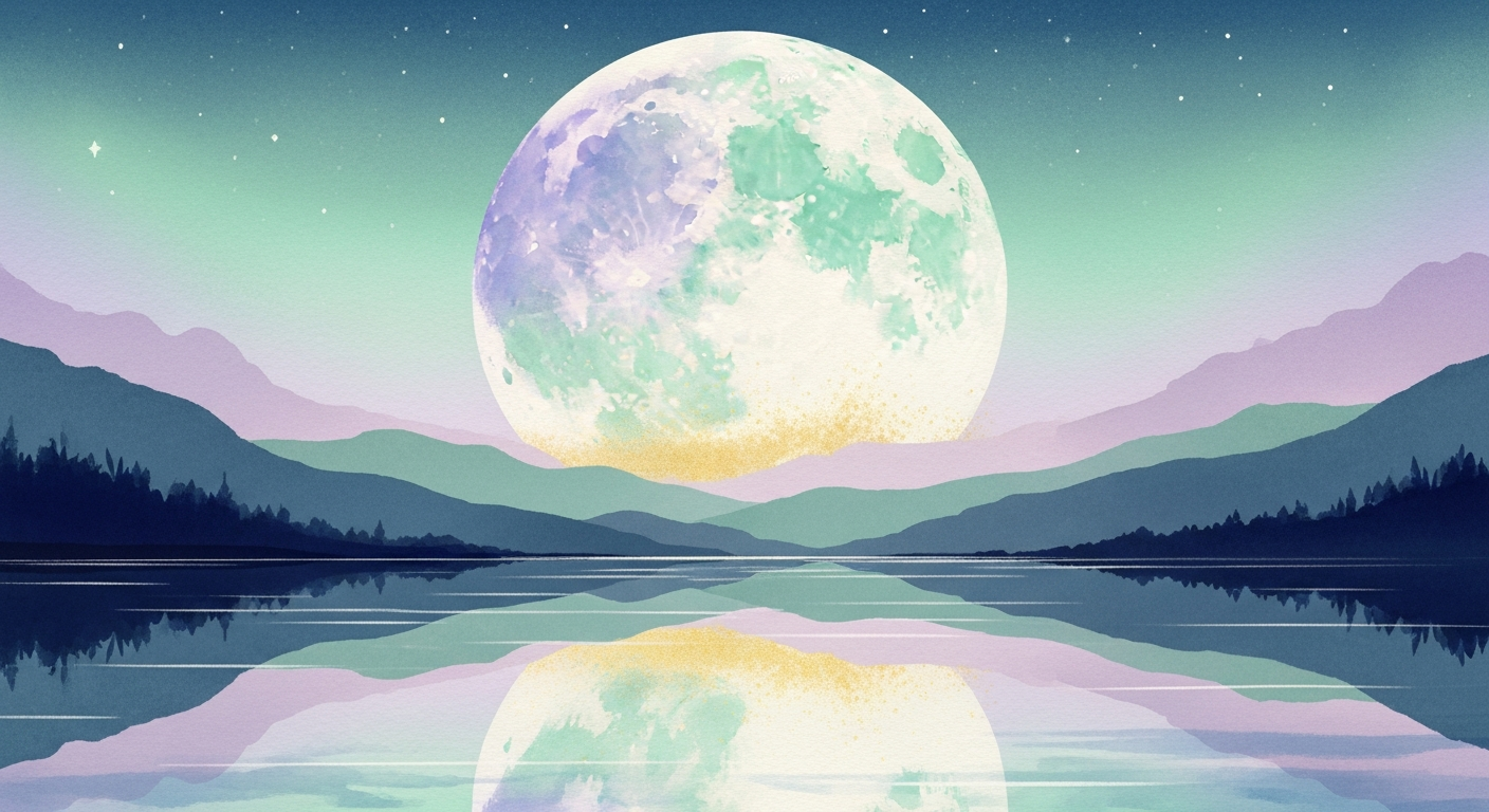 A glowing full moon rising over a calm night landscape