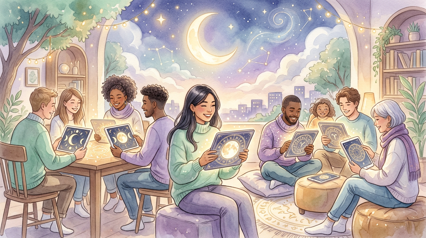 An illustrated scene of diverse people connecting through glowing screens displaying moon phases and zodiac wheels, representing how online spaces bring existing communities together.
