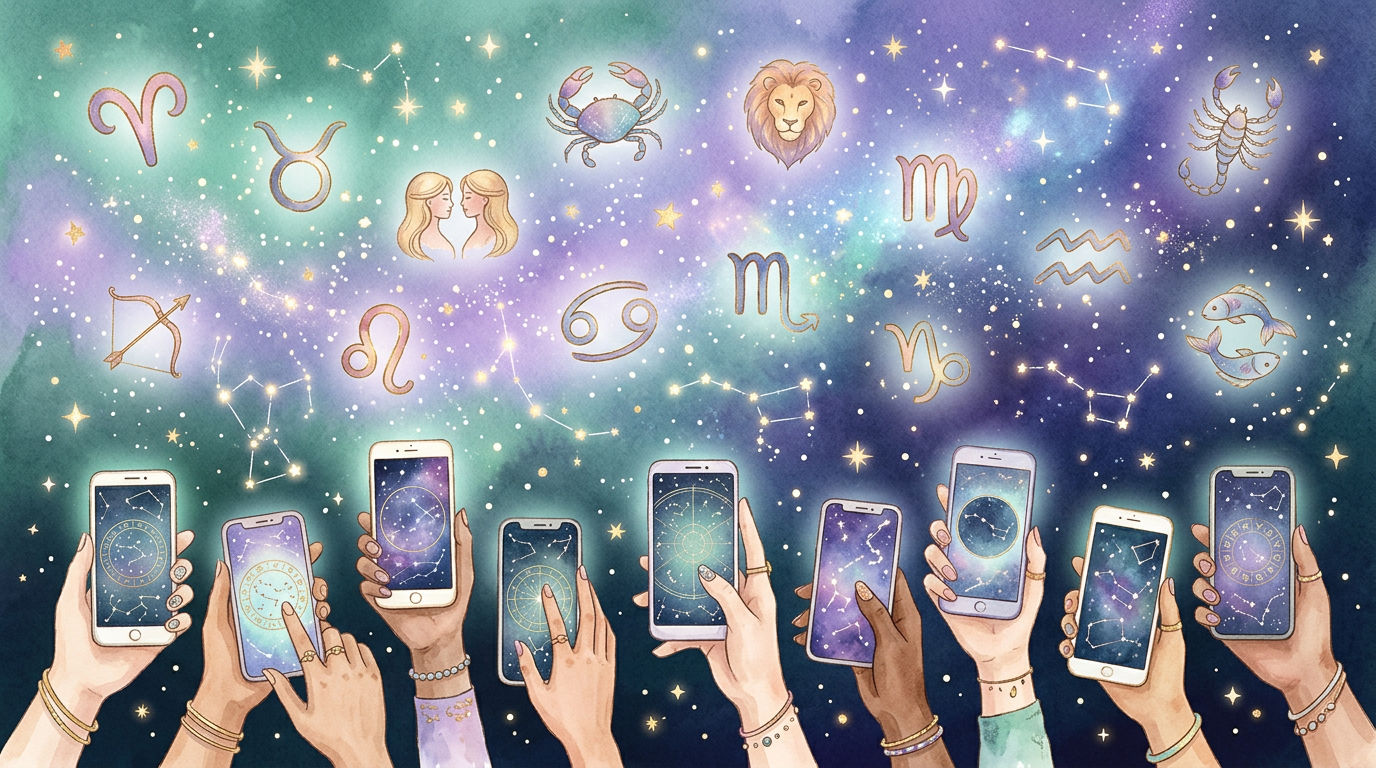 A colorful illustrated night sky with zodiac symbols floating among stars, surrounded by a diverse group of illustrated hands holding phones showing celestial charts — no text visible