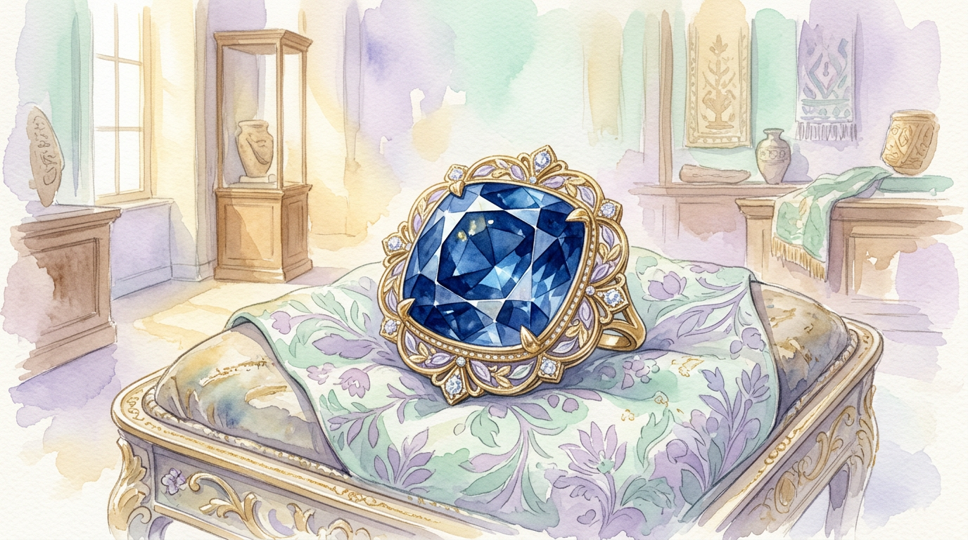 A deep blue diamond illustration evoking the Hope Diamond's legendary color, referenced in the Smithsonian's ownership history.