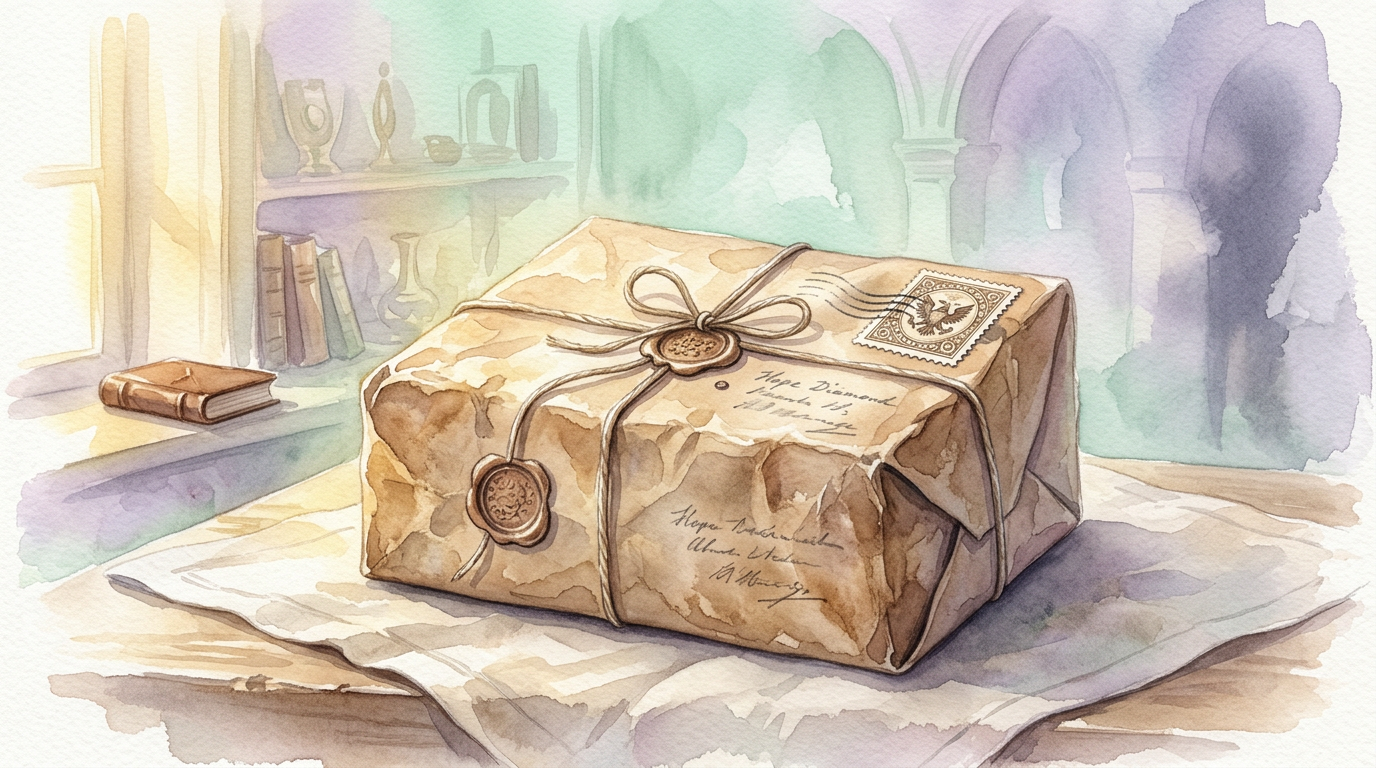 An illustration of a nondescript brown paper parcel with a postal stamp, evoking the Smithsonian's documented 1958 registered-mail delivery of the Hope Diamond.