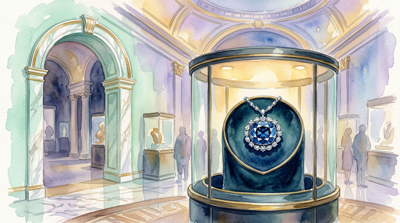 An illustration of a famous blue gemstone displayed under museum lighting, referencing its permanent home at the Smithsonian National Museum of Natural History.