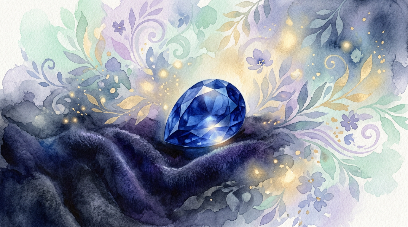 A deep blue gemstone resting on dark velvet, surrounded by soft dramatic lighting, no text or people visible