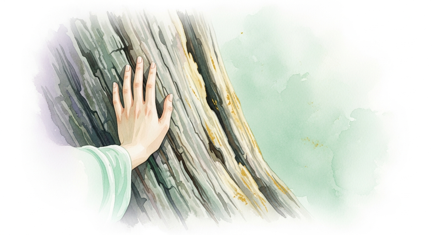 A hand resting gently on a weathered wooden surface in soft mint light