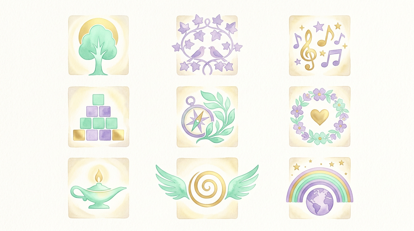 Nine softly illustrated icons, one for each Life Path number 1 through 9, representing the spectrum of archetypes described in Florence Campbell's Your Days Are Numbered (1931).