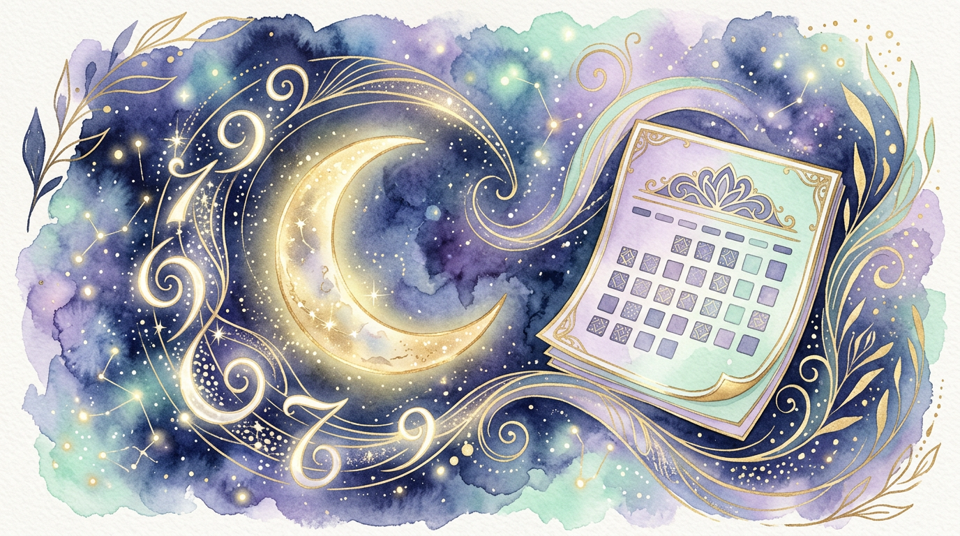 A softly glowing hand-drawn illustration of numbers swirling around a crescent moon and a calendar page, in deep indigo and gold tones, no text