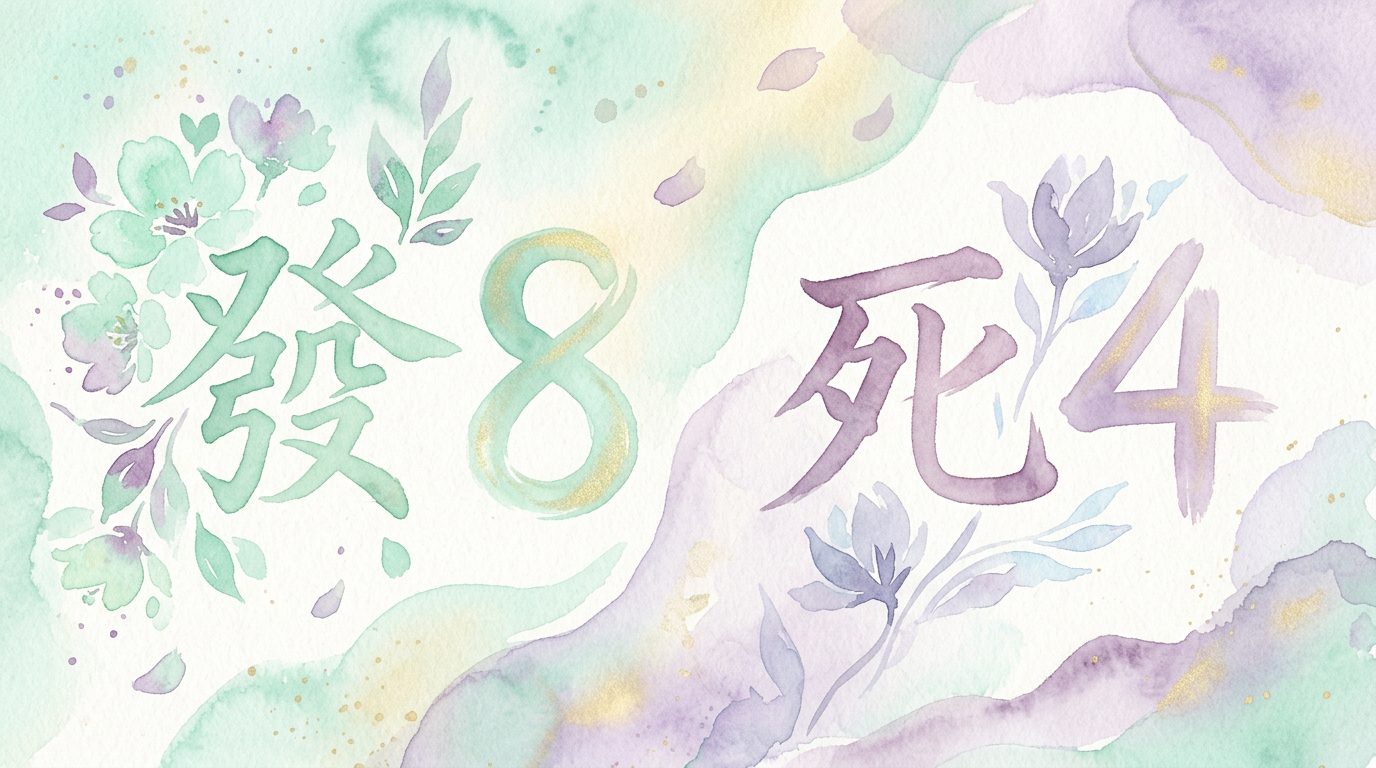 Stylized calligraphic illustration of the characters 發 and 死 beside the numerals 8 and 4, representing the homophone roots documented in Chinese linguistic history.