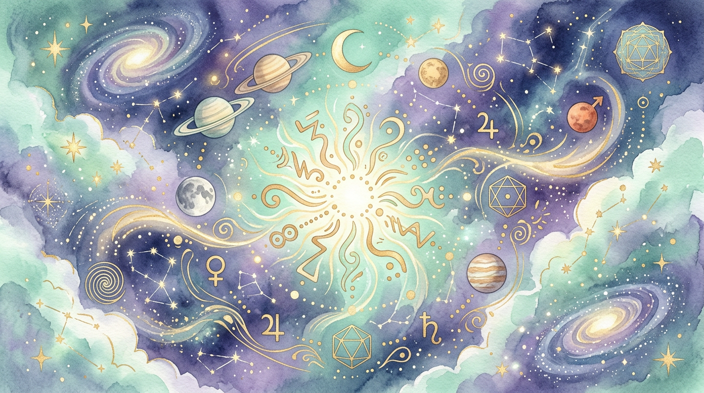 A dreamy illustration of numerals surrounded by planetary and celestial symbols, evoking the ancient human urge to find meaning in numbers.