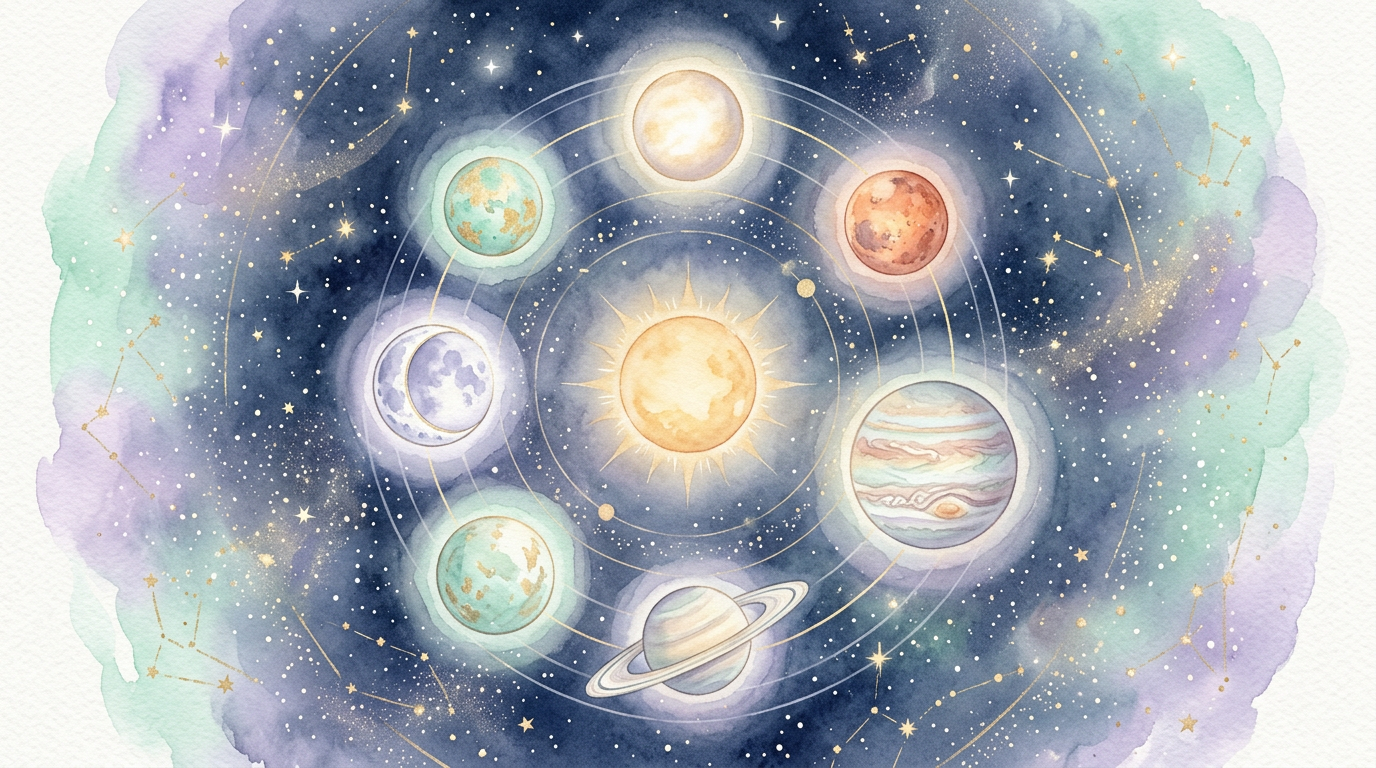 An illustration of seven celestial bodies — Sun, Moon, and five classical planets — arranged in a circle, referencing the planetary system documented by Ptolemy in the Tetrabiblos.