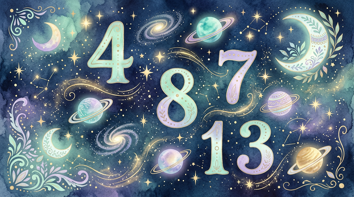 A stylized illustration of floating numerals 4, 7, 8, and 13 surrounded by celestial motifs — planets, stars, and decorative patterns — on a deep cosmic background, no text