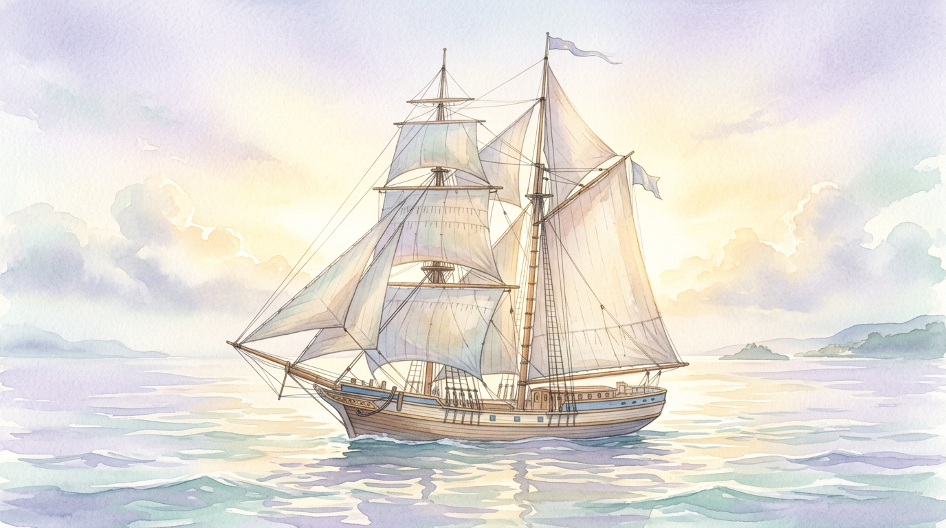 A detailed illustration of a 19th-century brigantine sailing ship at sea, the type of vessel the Mary Celeste was, as documented by Encyclopaedia Britannica.