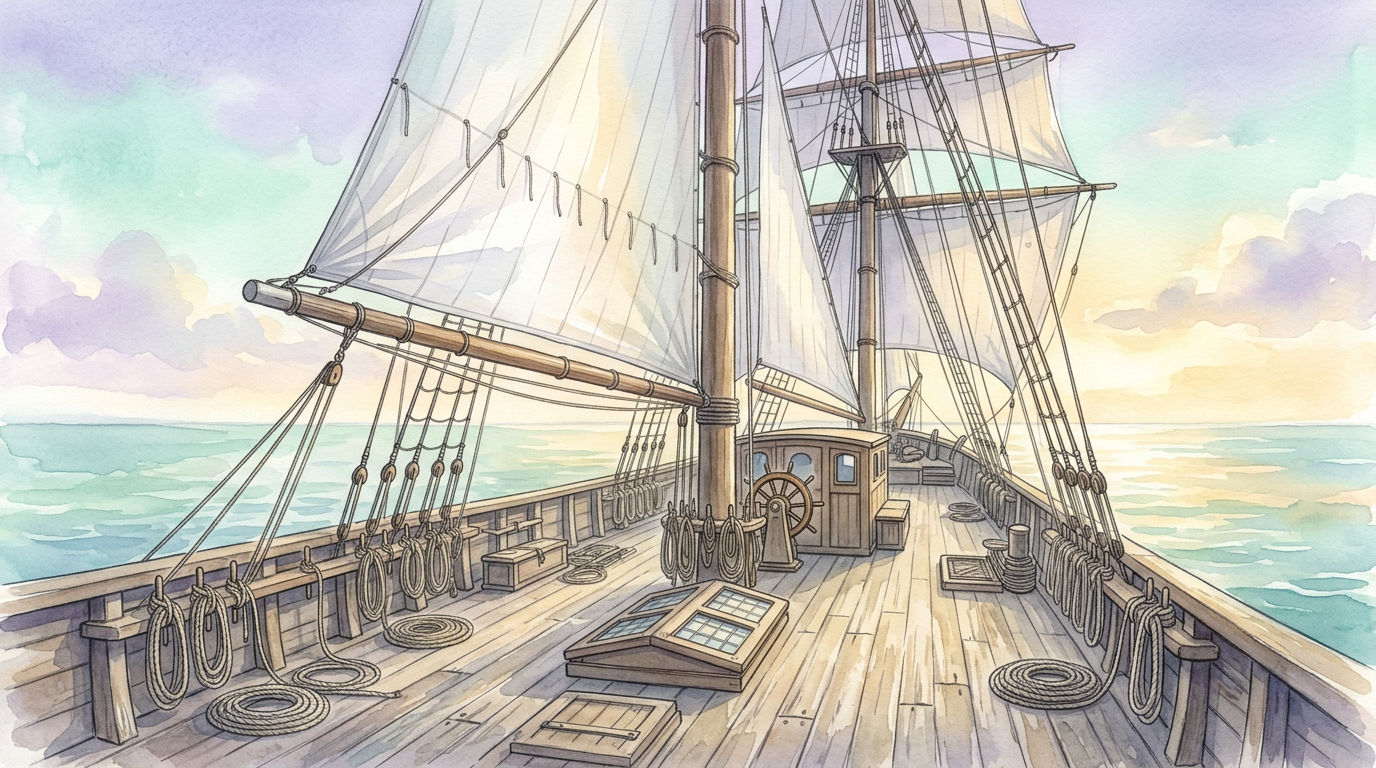An illustration of an empty wooden ship deck with ropes coiled neatly and sails set, evoking the eerie orderliness described in accounts of the Mary Celeste.