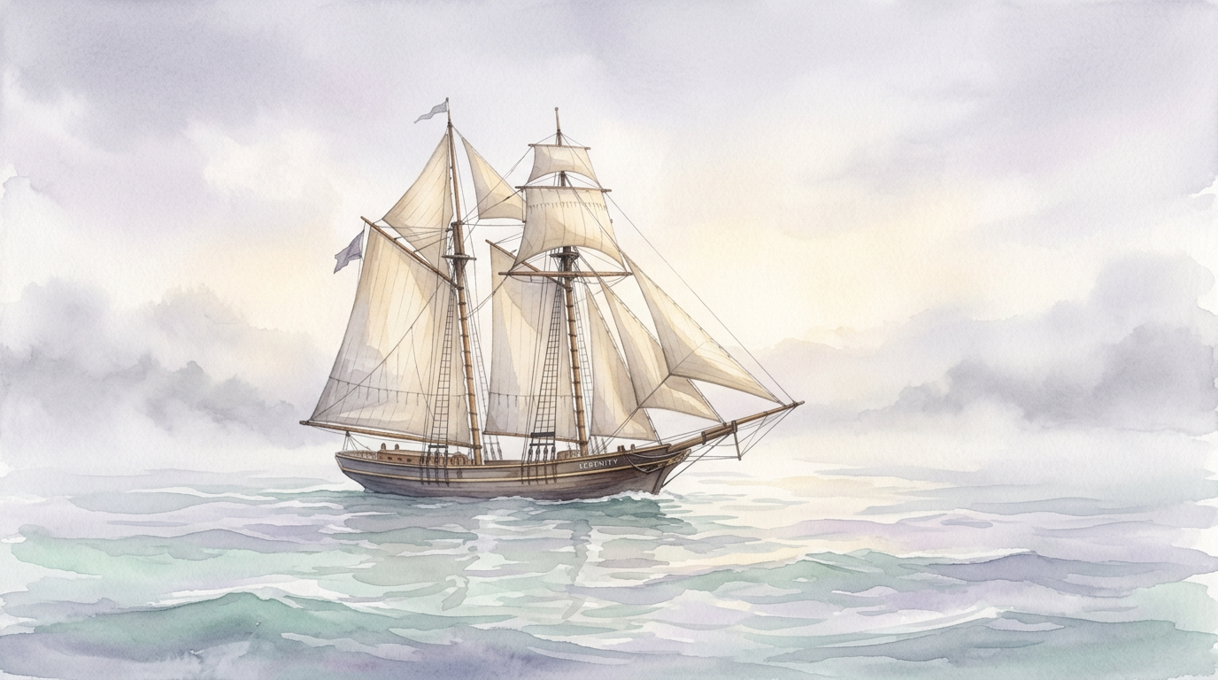 A lone brigantine sailing through a misty grey ocean under a pale sky, sails billowing, deck empty and eerily still