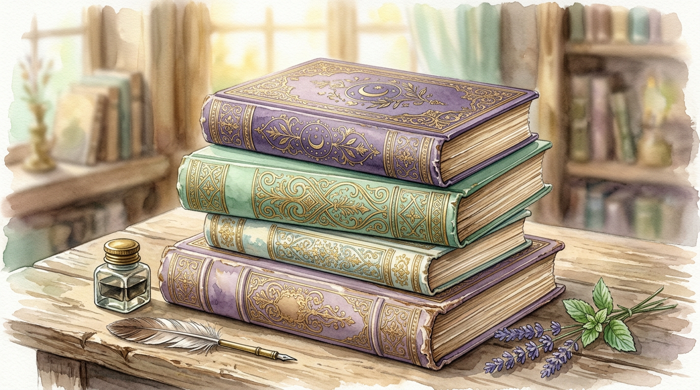 A stack of vintage early-20th-century books with ornate covers, representing the written tradition through which numerology practice was passed down.
