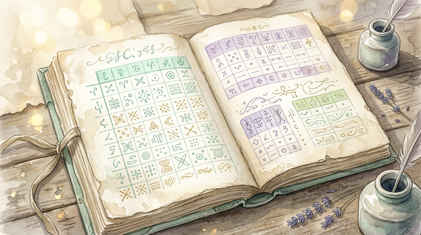 A worn notebook open to handwritten number charts, evoking the careful, studious side of early numerology practice.