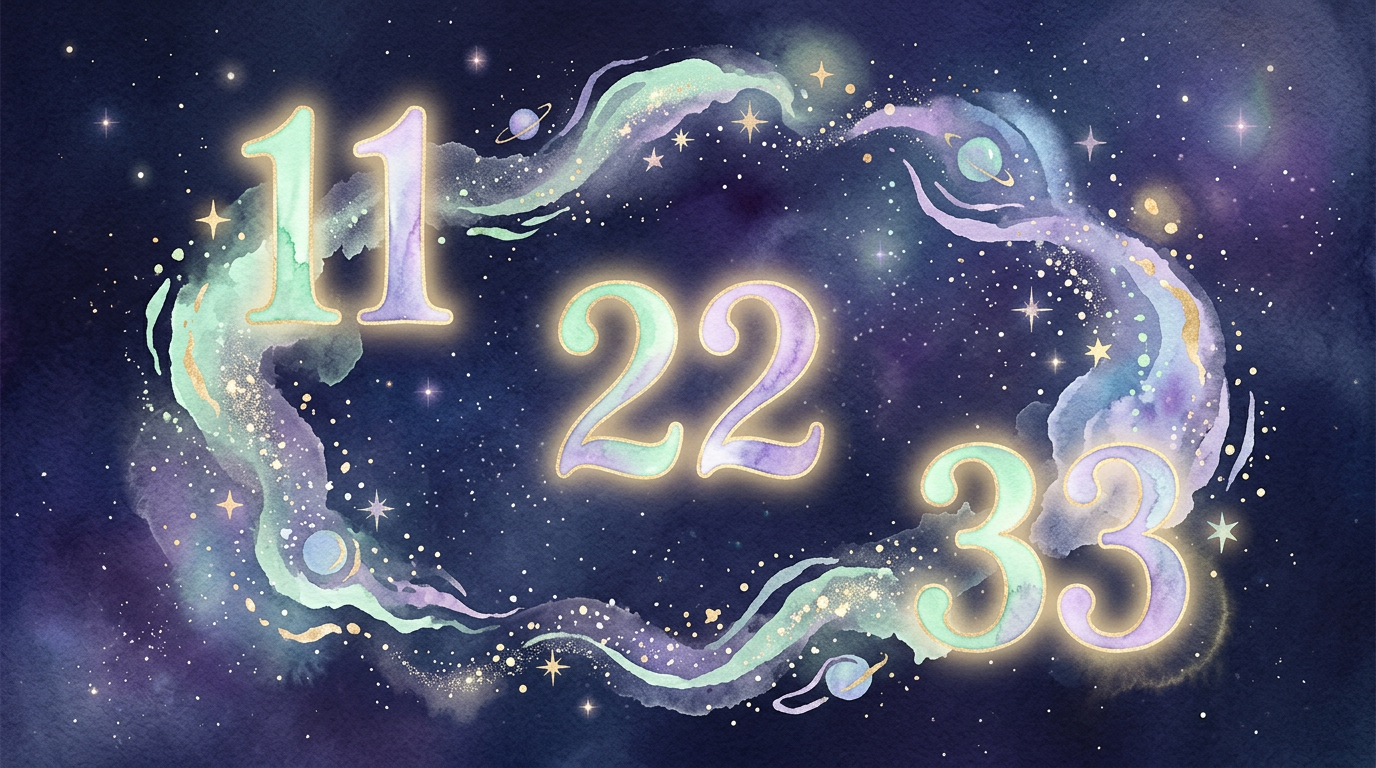 A softly glowing illustration of the numbers 11, 22, and 33 arranged in a cosmic pattern against a deep indigo background with subtle stars