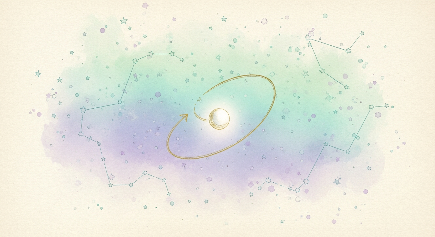 Soft illustration of Mercury looping near the Sun against a mint-toned night sky