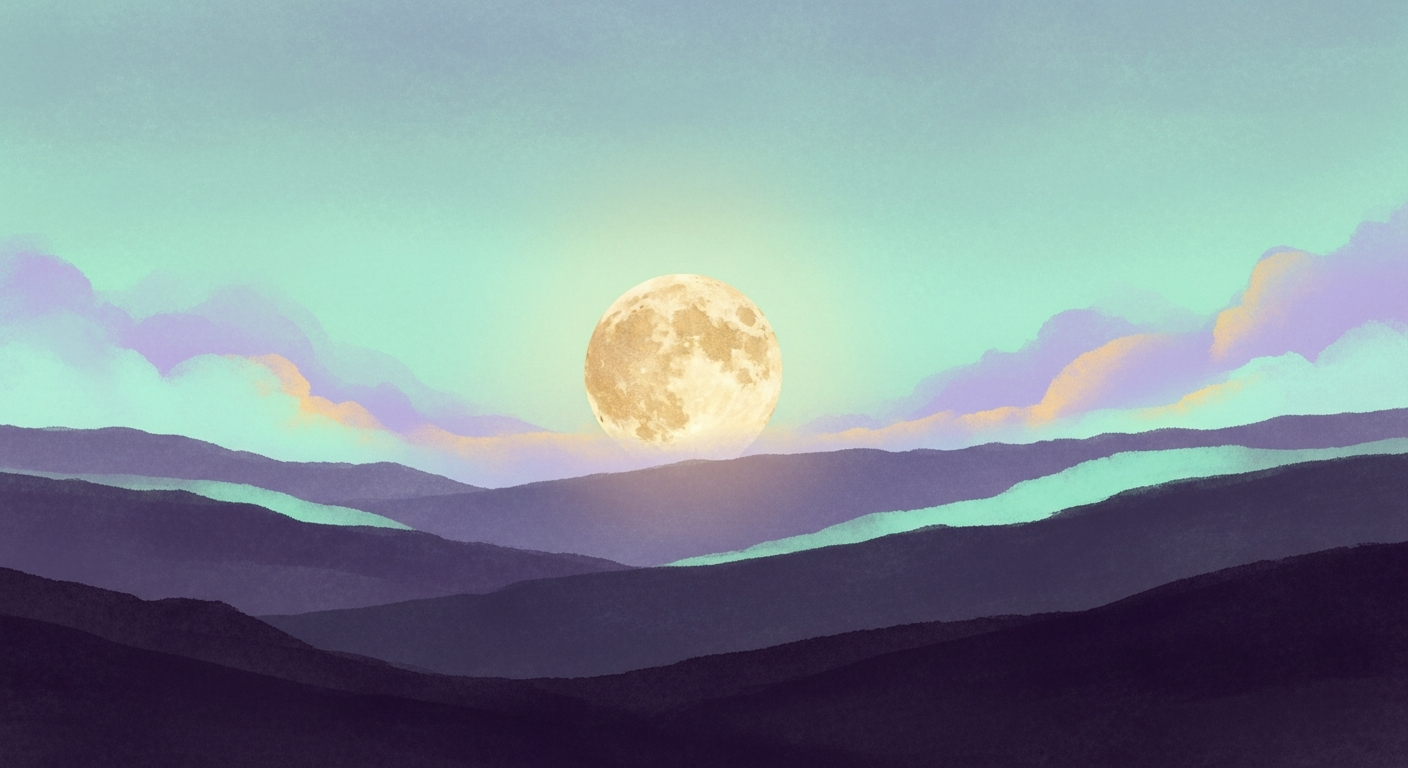 A luminous full moon rising over a dark landscape, representing the peak of the lunar cycle as documented by NASA.