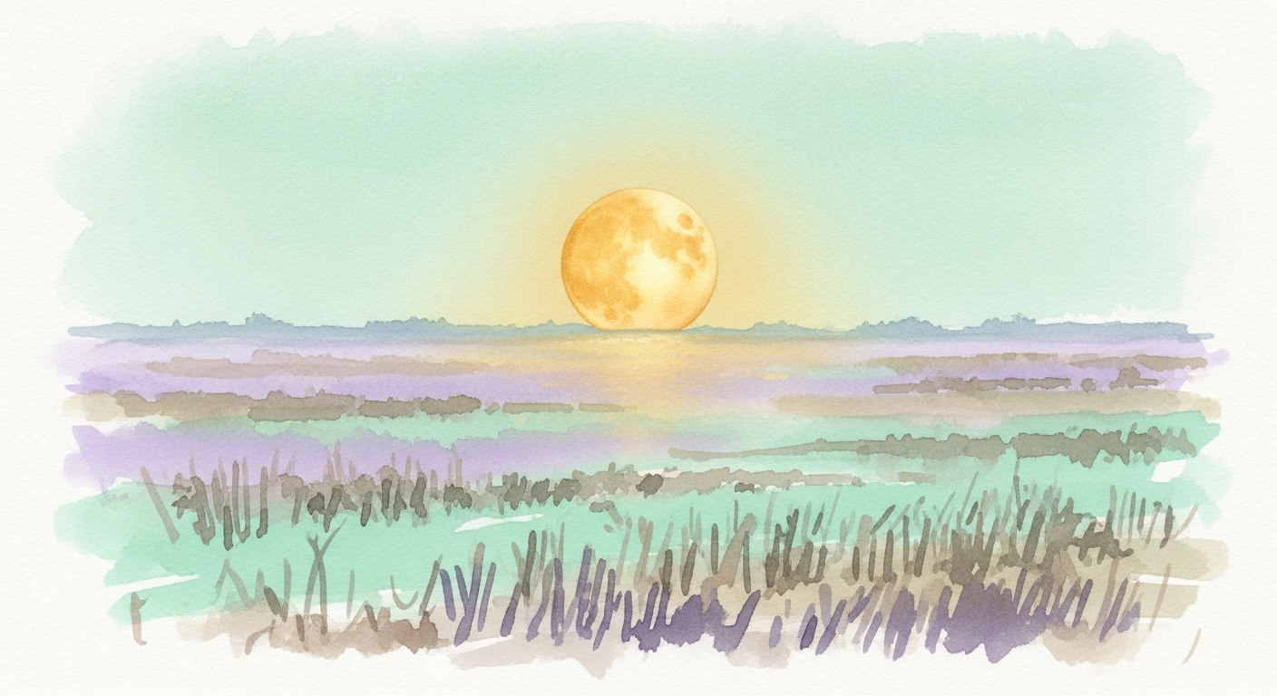 A warm golden full moon hanging low over an autumn field, evoking the traditional Harvest Moon name recorded by the Old Farmer's Almanac.