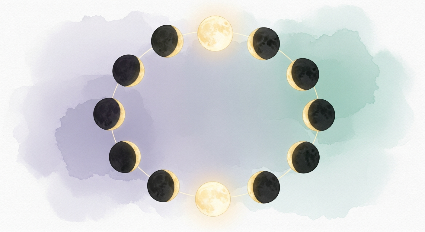 A diagram of the eight moon phases in sequence, illustrating the lunar cycle described by NASA.