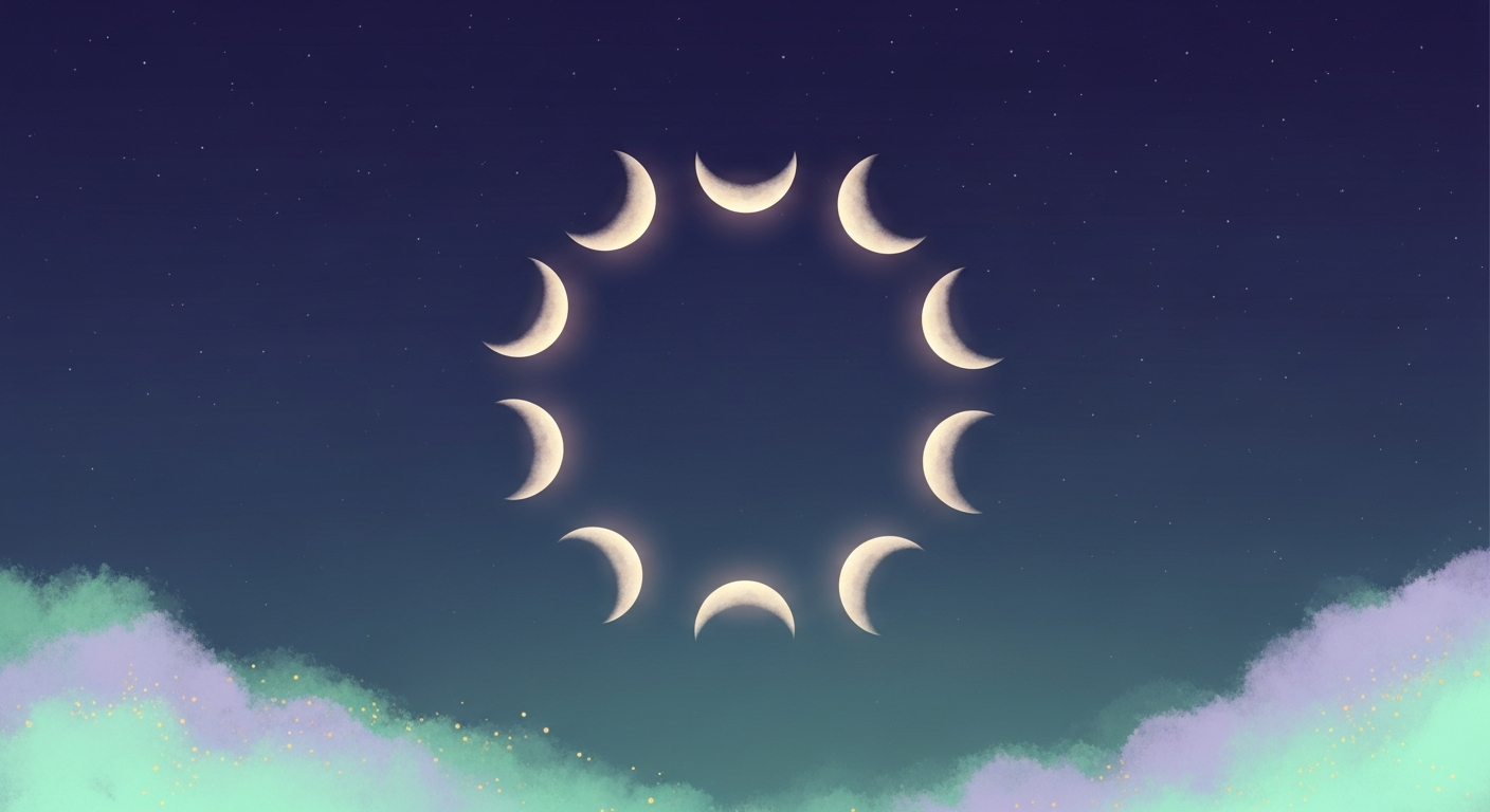 A soft illustration of the eight moon phases arranged in a glowing circle against a deep indigo night sky, no text