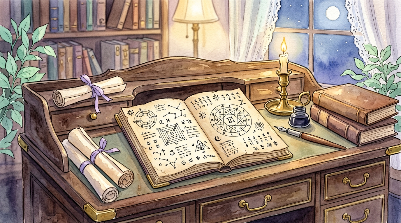 A warm illustration of a early 20th-century writing desk with handwritten charts, numbers, and letters, representing the codification of modern numerology in the 1900s.