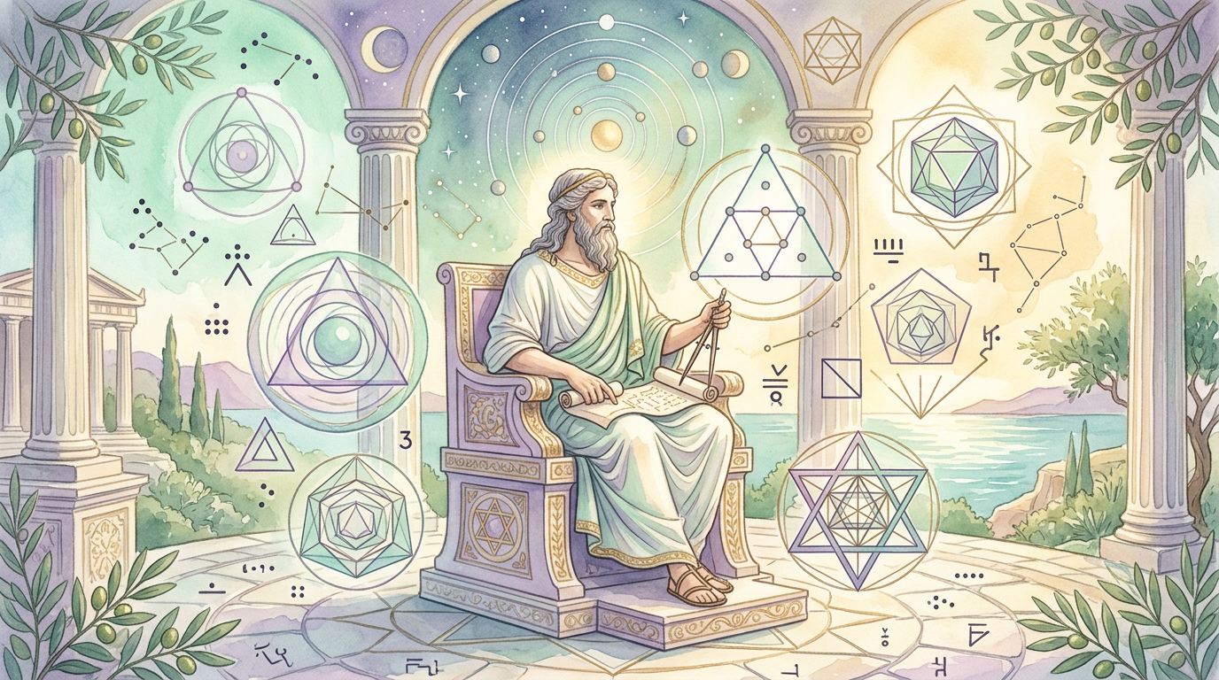 A stylized illustration of an ancient Greek figure surrounded by geometric diagrams and number symbols, representing the Pythagorean philosophical tradition as a source of inspiration for later numerology.