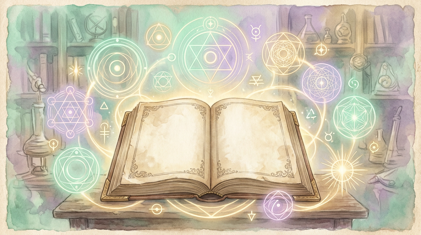 A vintage-style illustration of an open book surrounded by glowing numbers and geometric shapes, evoking early 20th-century mysticism