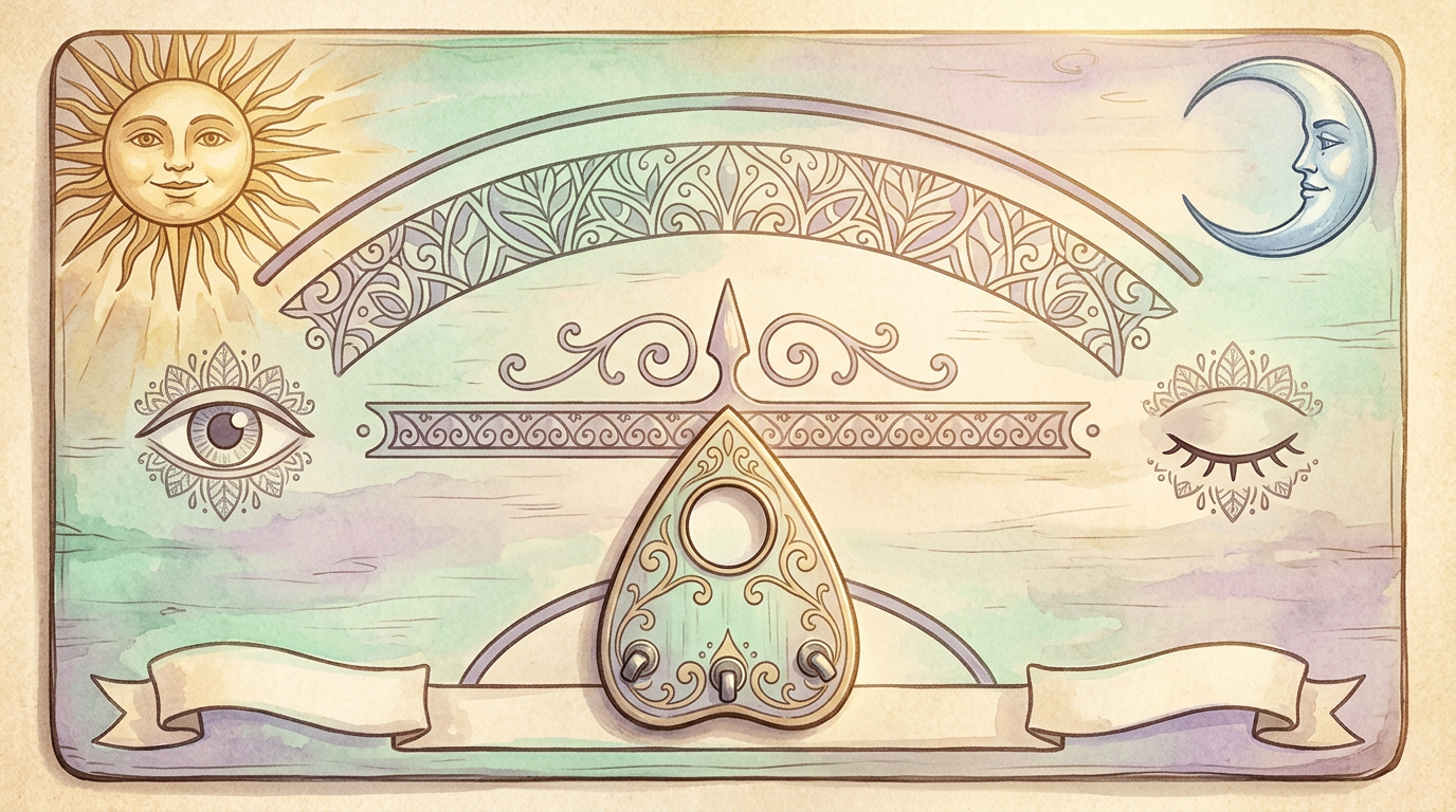 A warm, stylized illustration of a classic talking board with the alphabet arranged in an arc, sun and moon motifs, and a planchette — evoking the mass-market design documented in the Kennard Novelty Company's 1890/1891 patent record.