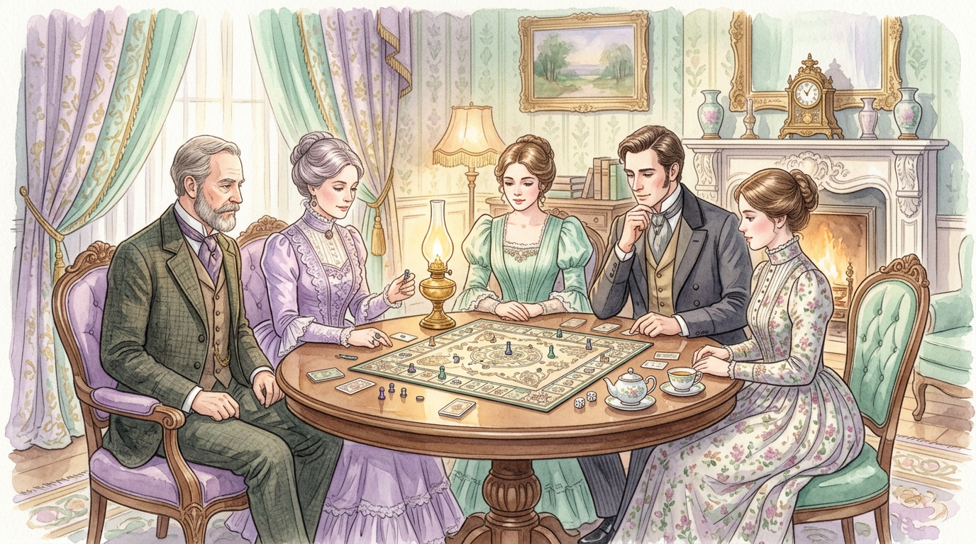 An illustration of a group of elegantly dressed Victorian-era people gathered around a parlor table playing a board game, evoking the era documented by Ouija board historian Robert Murch in Smithsonian Magazine (2013).