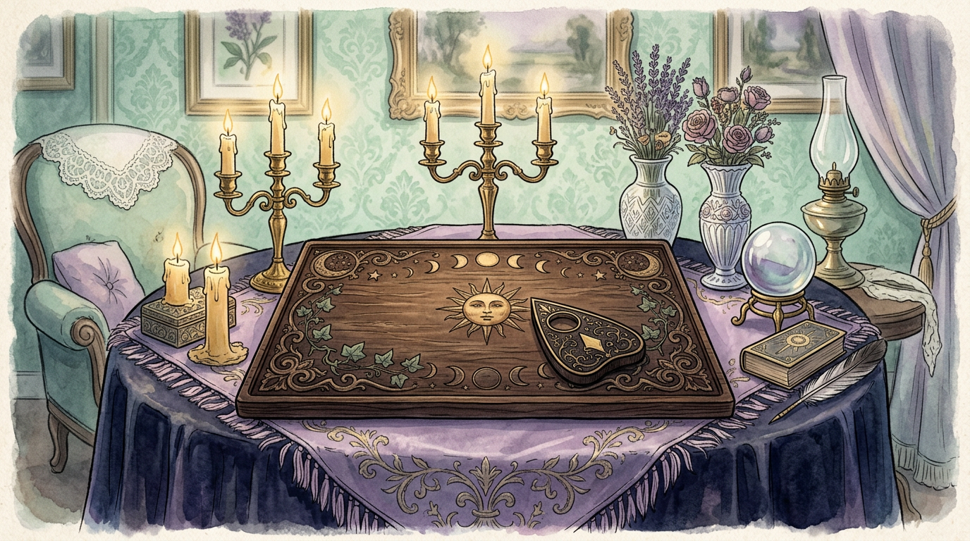 A vintage-style illustration of an ornate wooden talking board resting on a velvet-draped table, surrounded by candlelight and Victorian parlor decor, no text visible