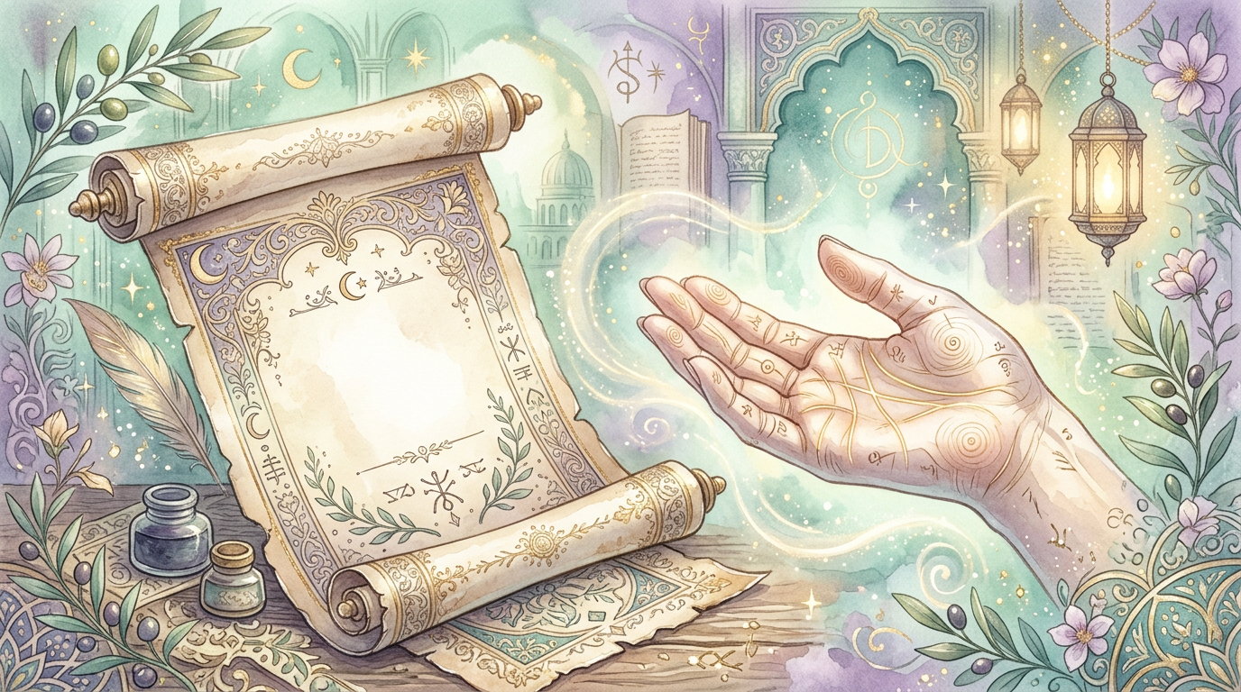 A decorative illustration of an ancient scroll and an open hand, evoking the historical legend described in palmistry scholarship.