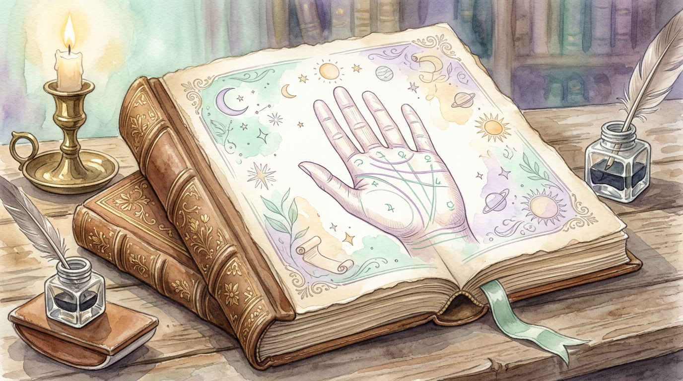 A vintage-style illustration of a leather-bound palmistry book open to a diagram of a hand, referencing the 1897 publication that shaped Western palm reading.
