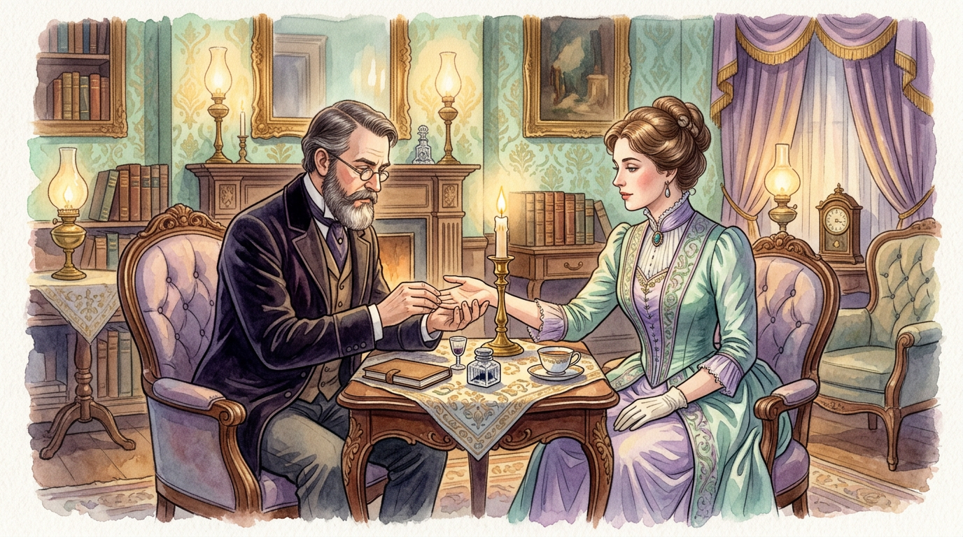 A warm illustration of a candlelit Victorian parlor with two figures seated across a small table, one examining the other's hand, evoking the era of Cheiro's documented celebrity clientele.