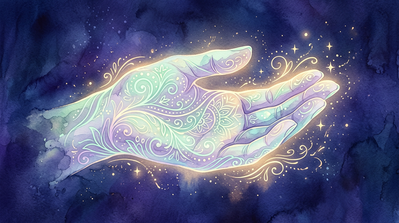 A stylized illustration of an open palm with decorative lines glowing softly against a deep indigo background, no text, no faces
