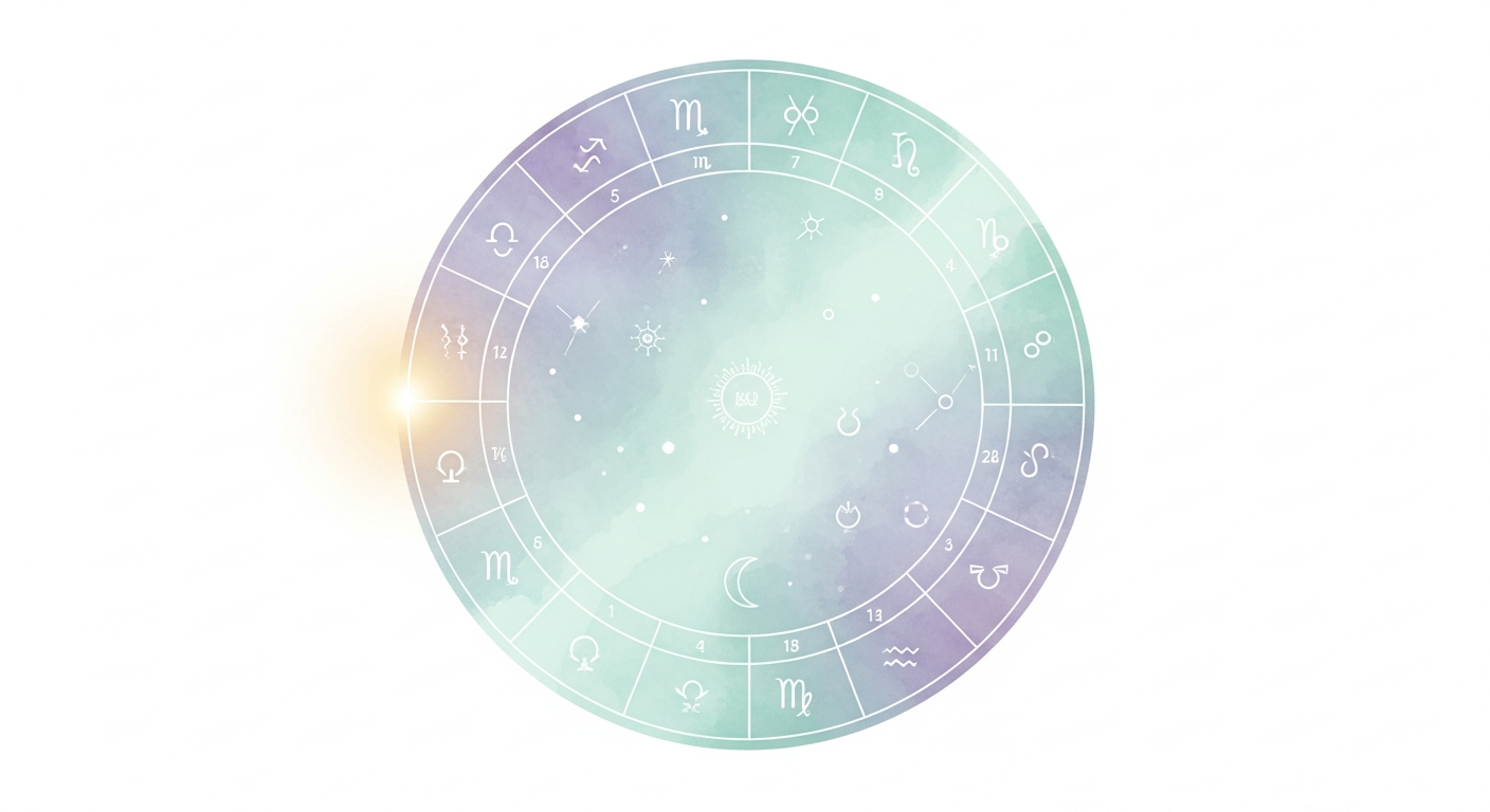 A clean, modern illustration of a natal chart wheel with the first house cusp glowing at the left, representing the ascendant as the chart's starting point per Ptolemy's Tetrabiblos.