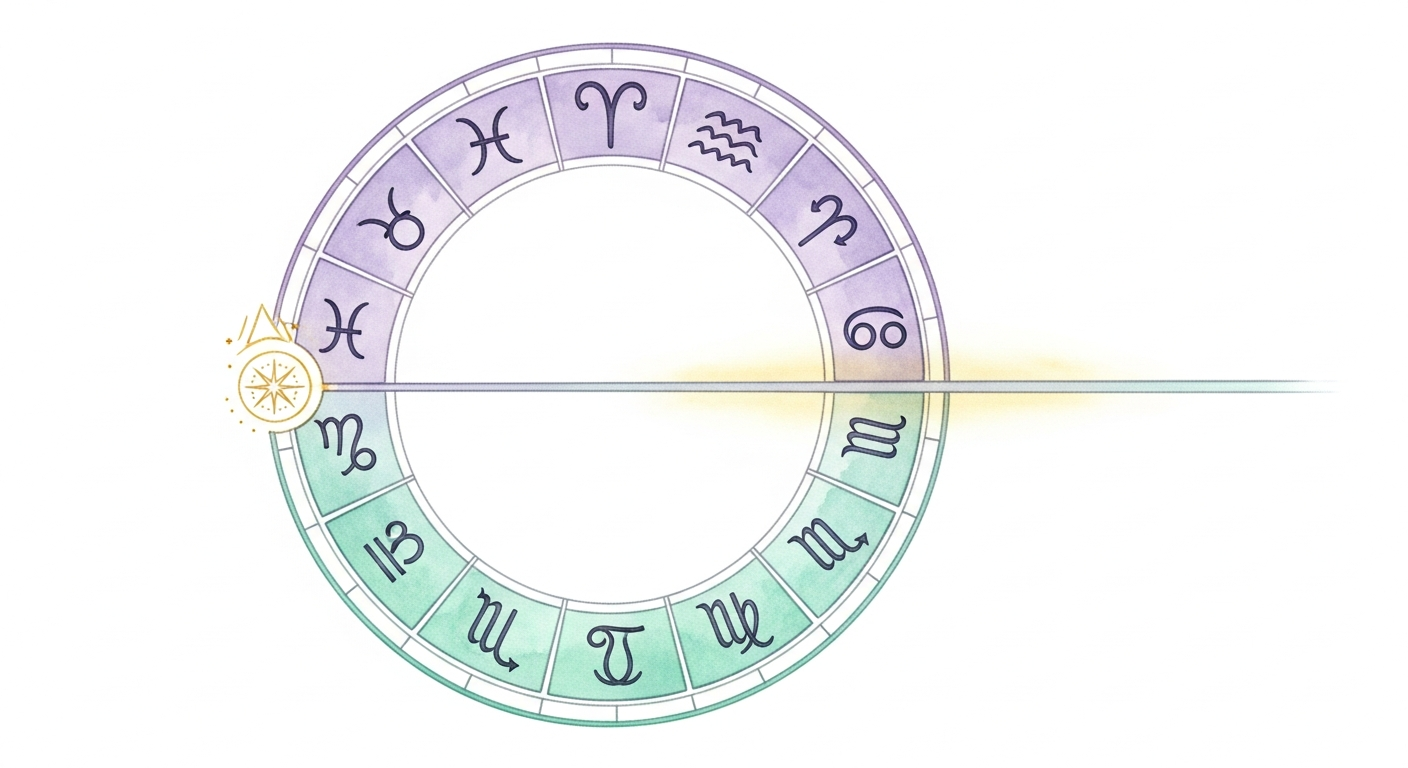 A stylized diagram of the zodiac wheel with the eastern horizon highlighted, illustrating the ascendant's position as described in Ptolemy's Tetrabiblos.