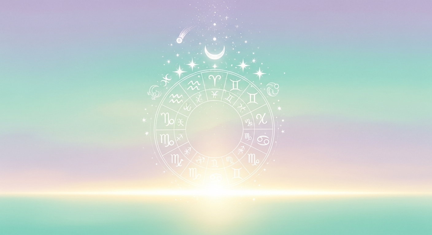 A stylized illustration of a zodiac wheel with a glowing eastern horizon line, celestial symbols rising above a pastel dawn sky, no text