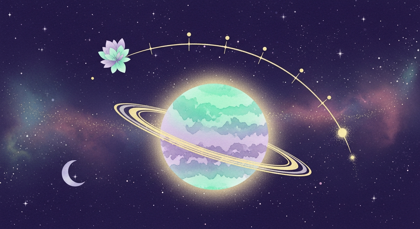 A stylized illustration of Saturn with its rings glowing against a deep indigo sky, surrounded by soft celestial motifs and a timeline arc suggesting a life cycle