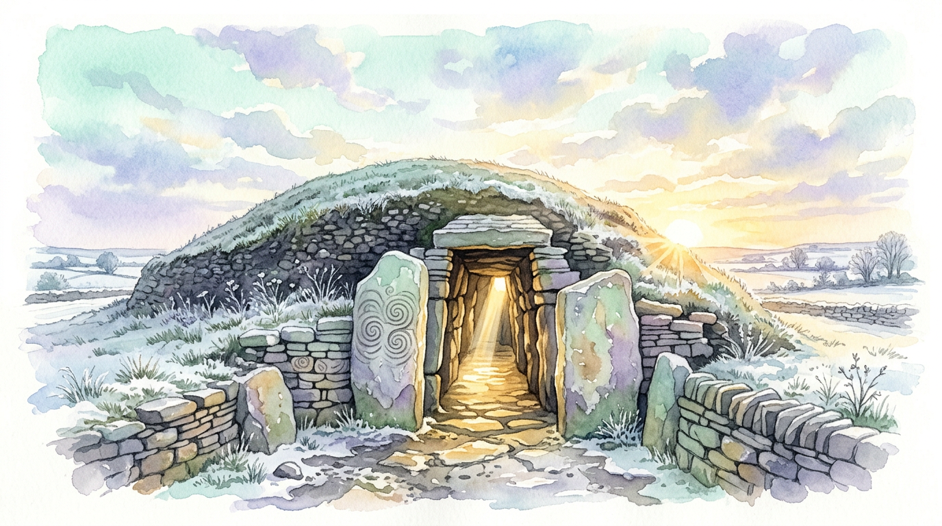 Illustration of winter solstice light traveling through the Newgrange passage tomb entrance, as documented by the Office of Public Works.